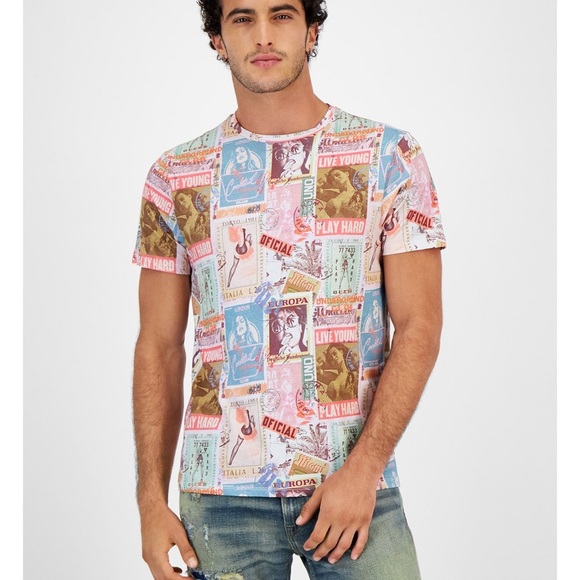 New GUESS Men's Global Postcard Graphic Crewneck T-Shirt SZ M - Picture 1 of 8